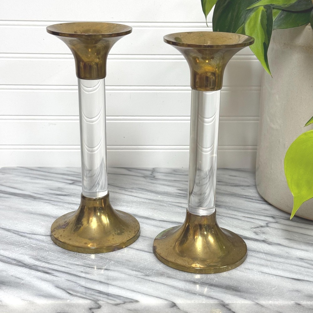 Vintage Lucite & Brass Candlestick Set - 8" Made in Hong Kong MCM Candle Holders